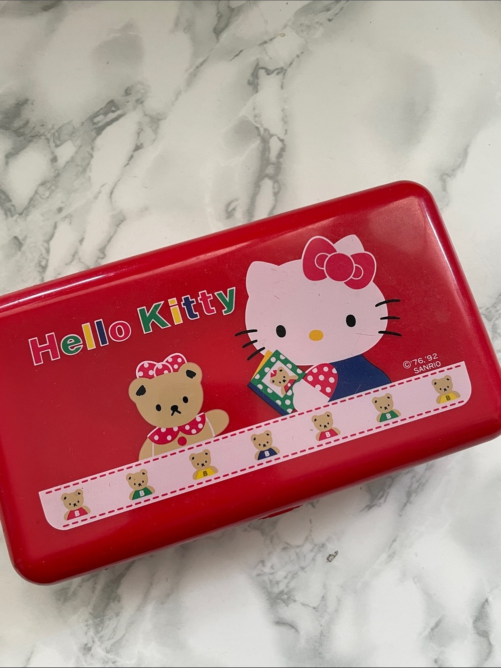 Vintage Sanrio Hello Kitty red storage box with mirror inside 1992